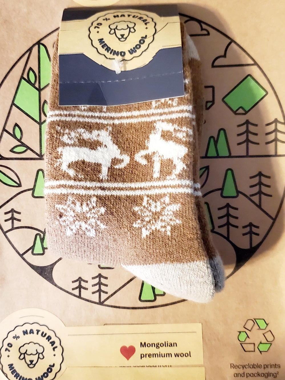 Mongolian Merino Wool Women's Crew Socks - Brown & Cream Reindeer